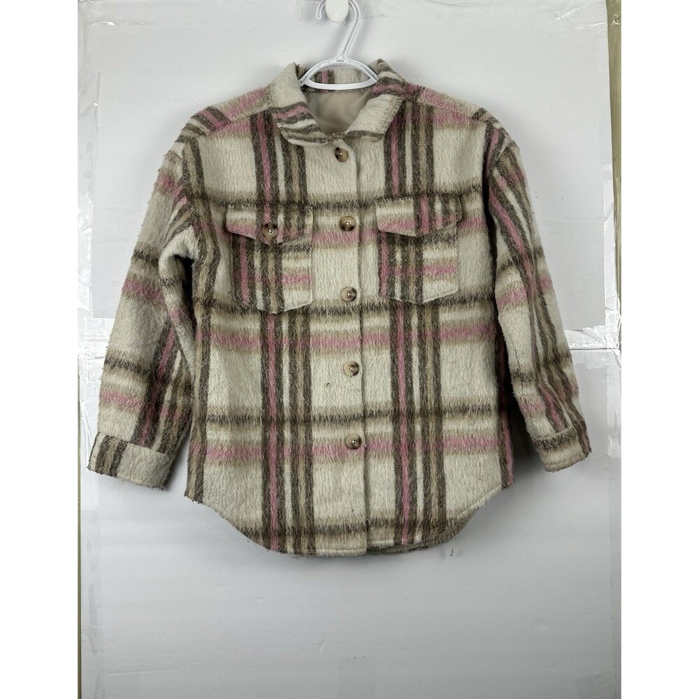 Dunnes Stores Girls Plaid Shacket Jacket Age 10-11 Fuzzy Pink Cream Button Up